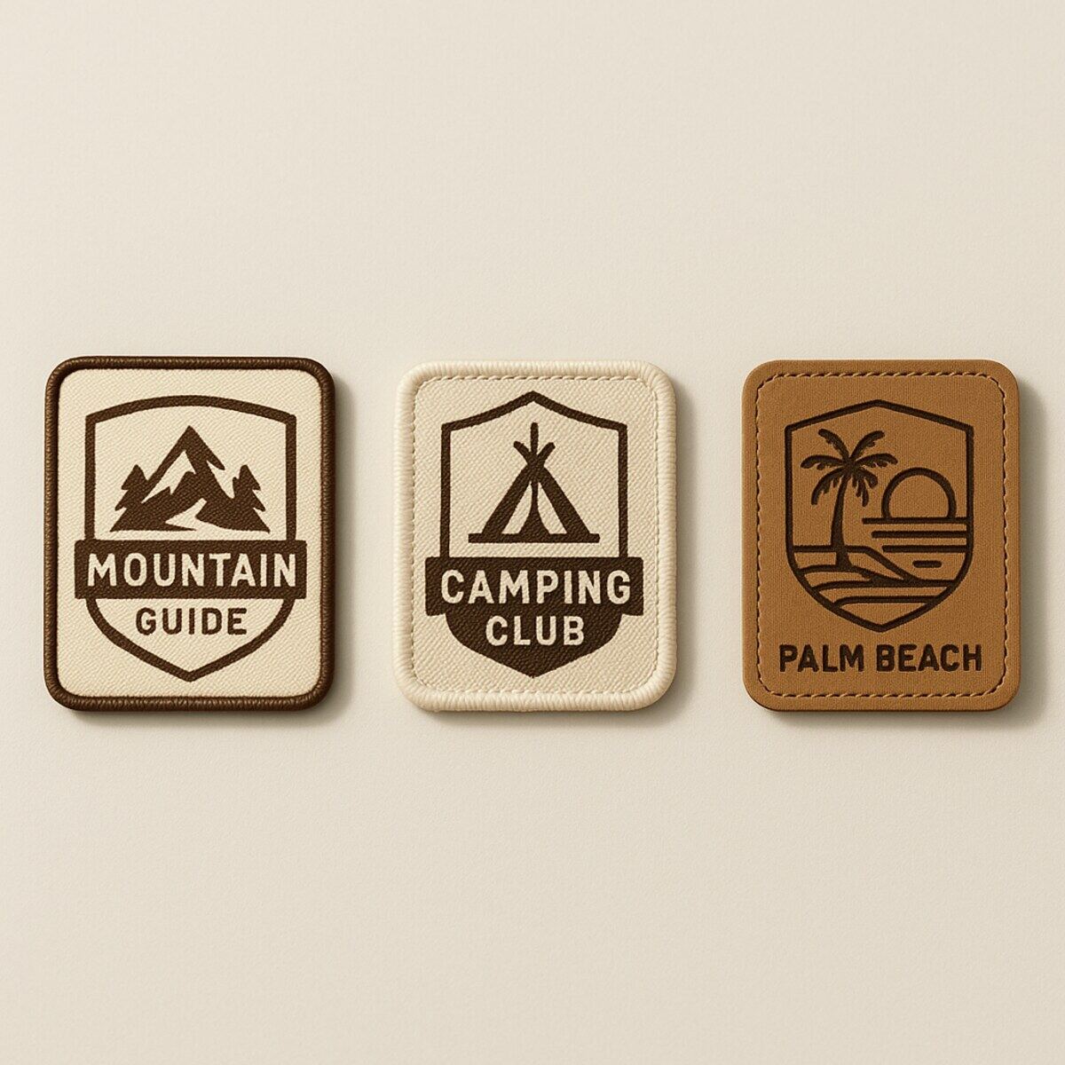 Three custom embroidered patches laid out on the patch bar table